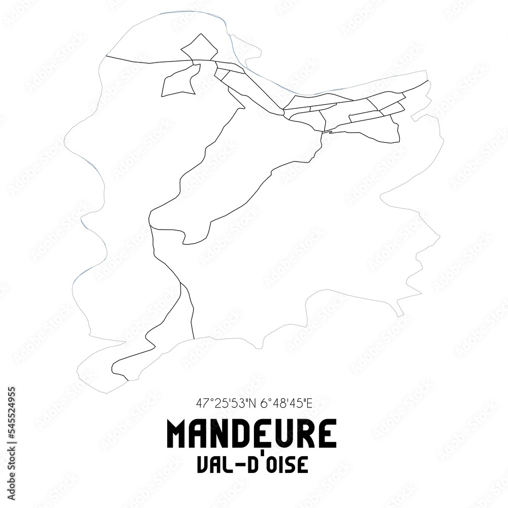 MANDEURE Val-d'Oise. Minimalistic street map with black and white lines. MANDEURE Val-d'Oise. Minimalistic street map with black and white lines.