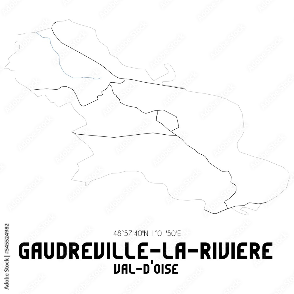 GAUDREVILLE-LA-RIVIERE Val-d'Oise. Minimalistic street map with black and white lines.