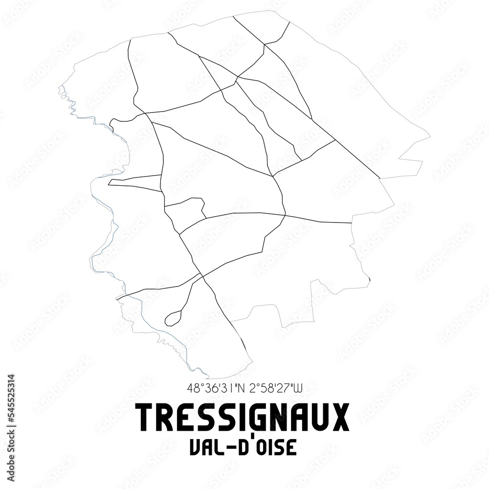 TRESSIGNAUX Val-d'Oise. Minimalistic street map with black and white lines.