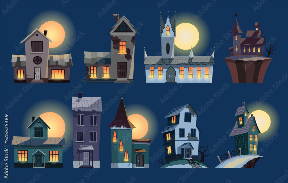 Spooky houses set. Dark scary house in night. Horror nightmare on moonlight illustration. Creepy building Spooky houses set. Dark scary house in night. Horror nightmare on moonlight illustration. Creepy building