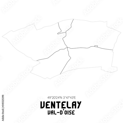 VENTELAY Val-d Oise. Minimalistic street map with black and white lines.