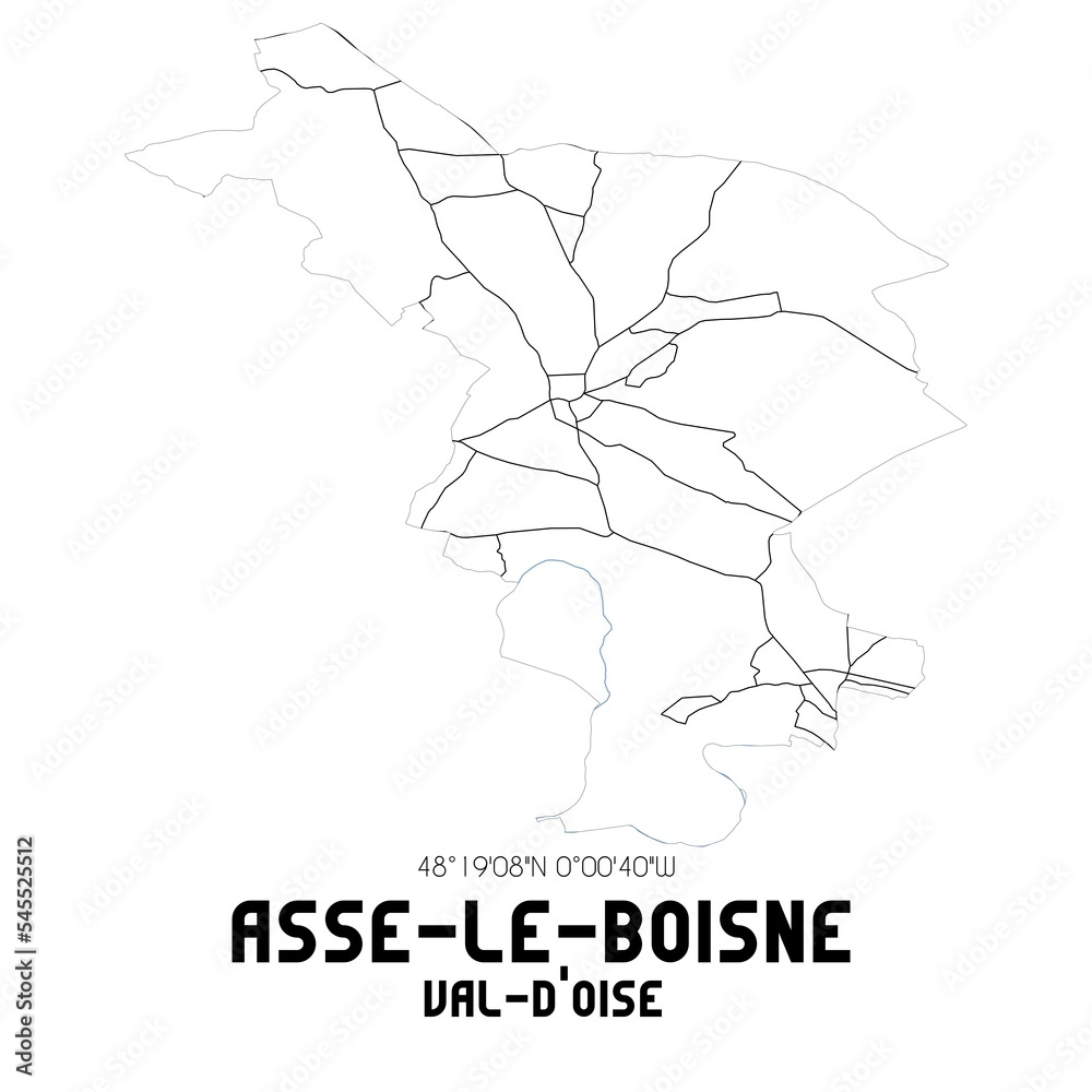 ASSE-LE-BOISNE Val-d'Oise. Minimalistic street map with black and white lines.