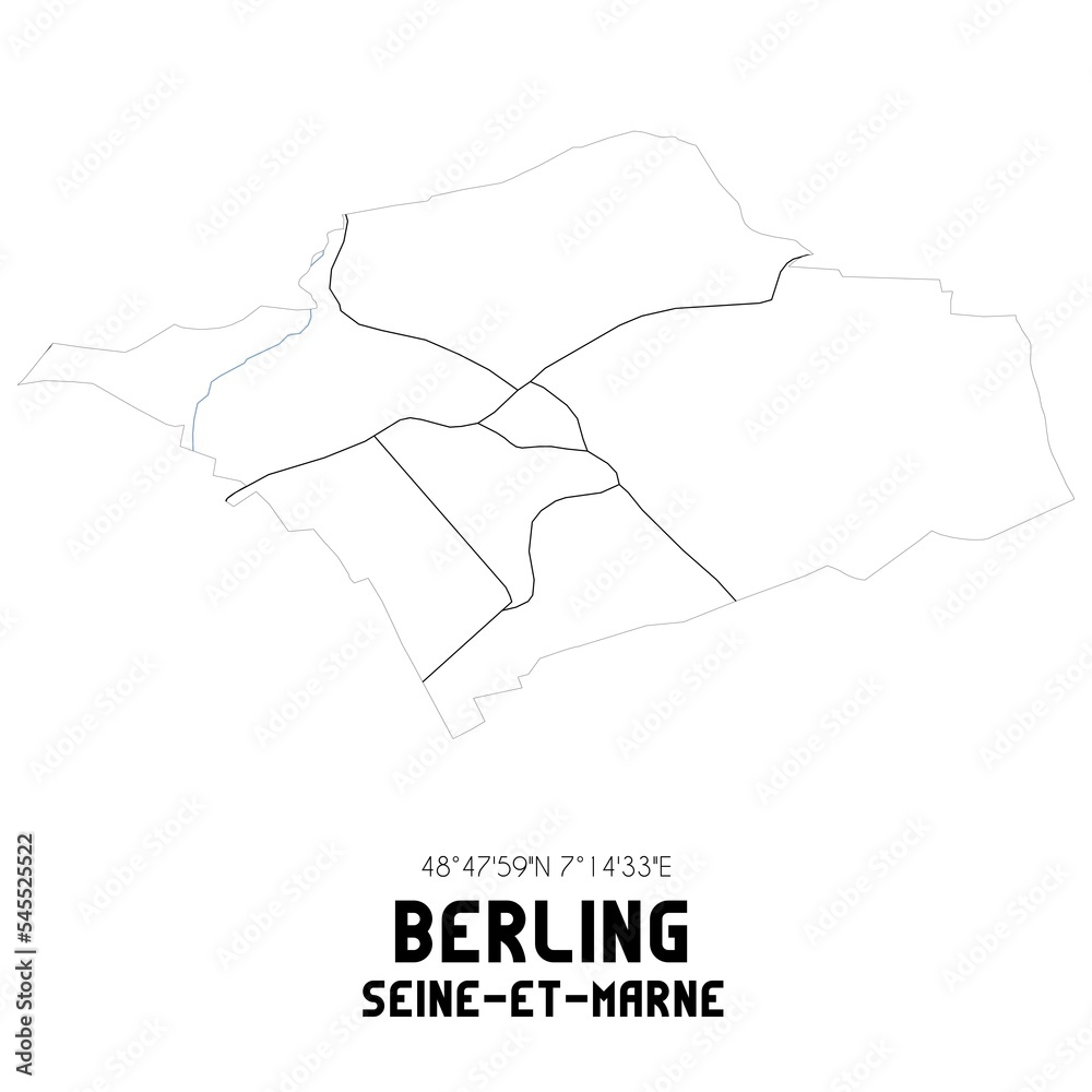 BERLING Seine-et-Marne. Minimalistic street map with black and white lines.