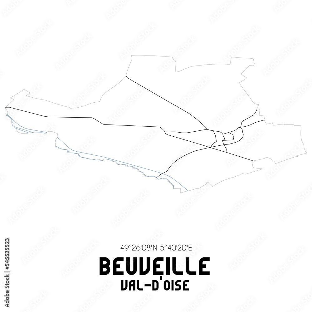 BEUVEILLE Val-d'Oise. Minimalistic street map with black and white lines.
