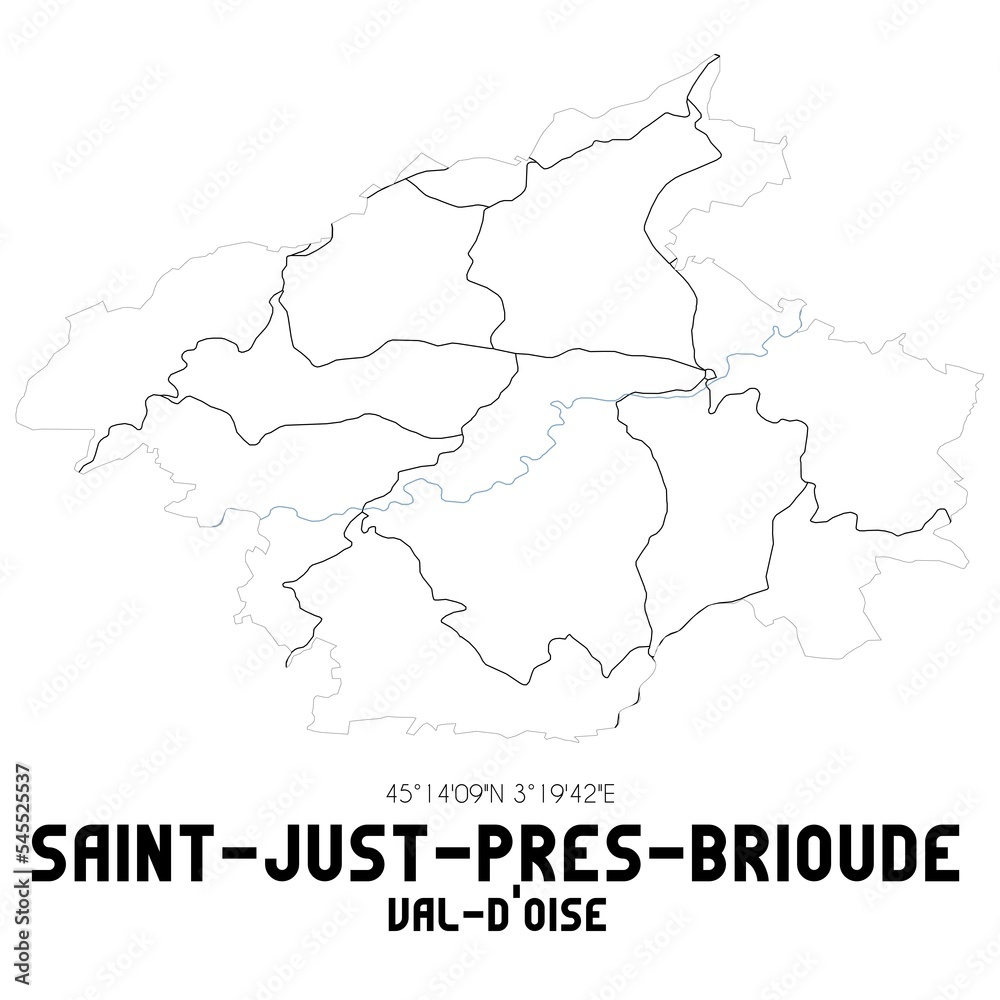 SAINT-JUST-PRES-BRIOUDE Val-d'Oise. Minimalistic street map with black and white lines.