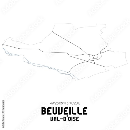 BEUVEILLE Val-d Oise. Minimalistic street map with black and white lines.