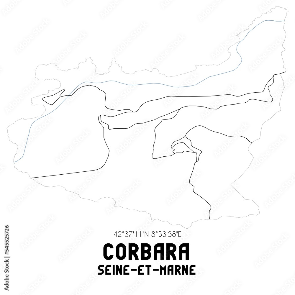 CORBARA Seine-et-Marne. Minimalistic street map with black and white lines.