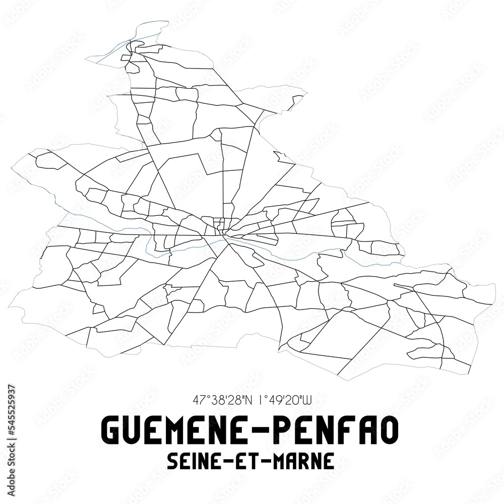 GUEMENE-PENFAO Seine-et-Marne. Minimalistic street map with black and white lines.