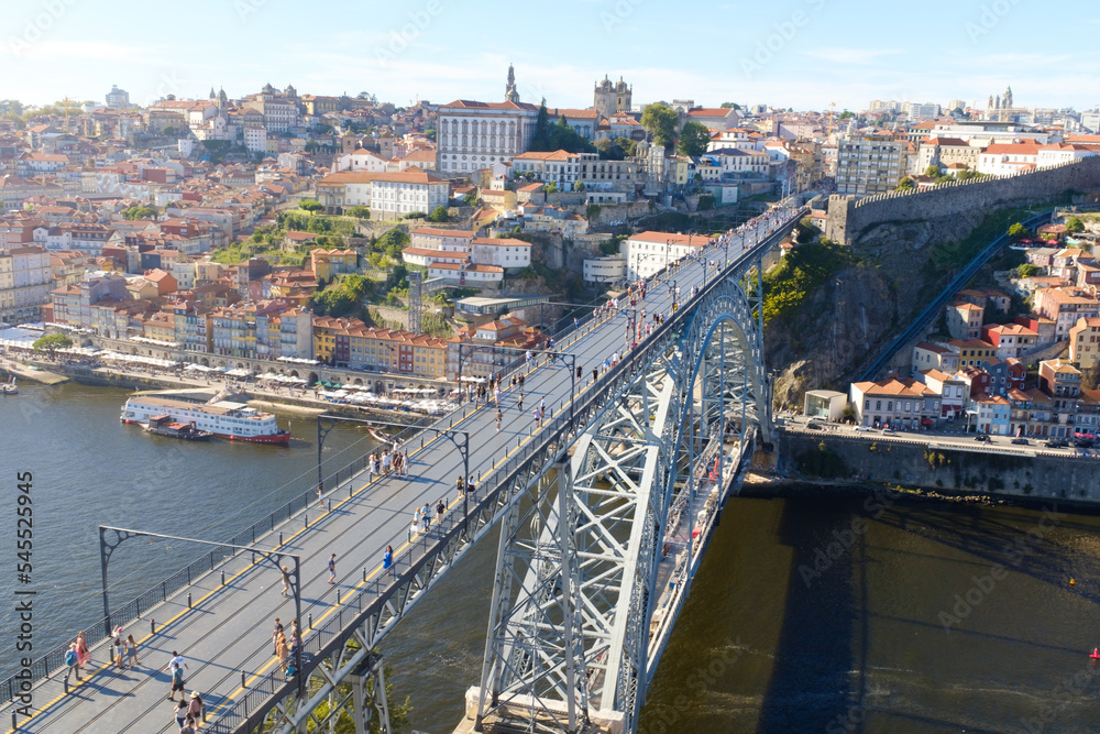 Famous steel Dom Luis bridge landmark in Portugal crossing over de Douro River in Porto
