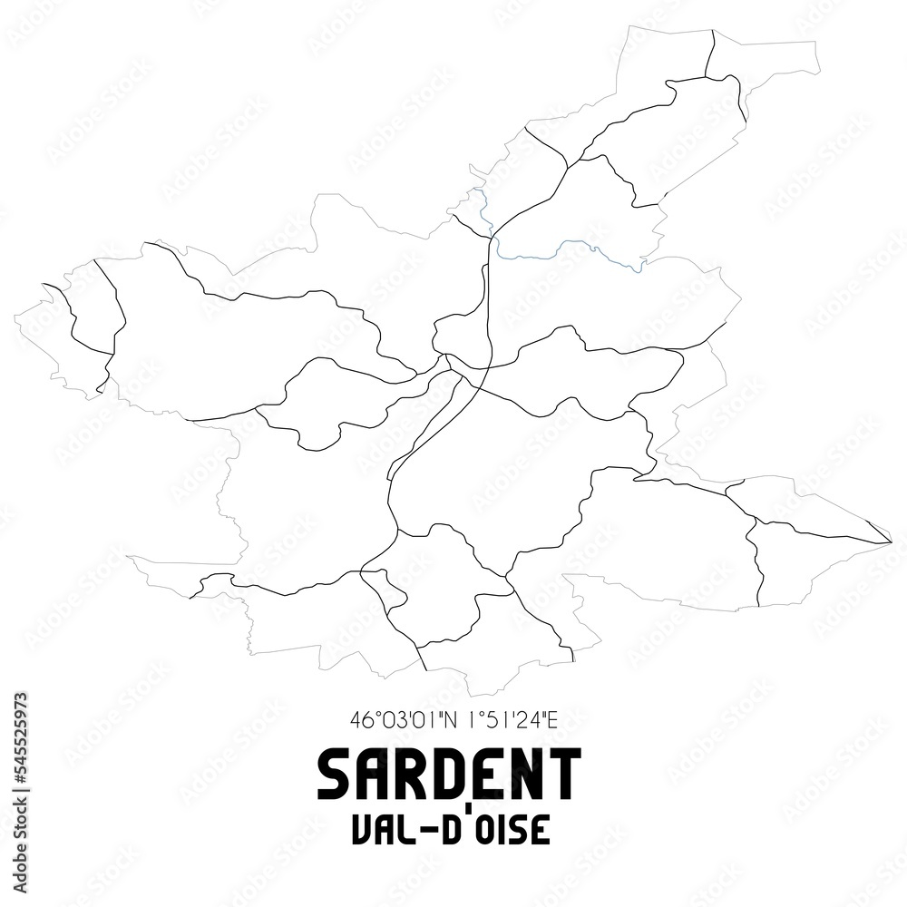 SARDENT Val-d'Oise. Minimalistic street map with black and white lines.