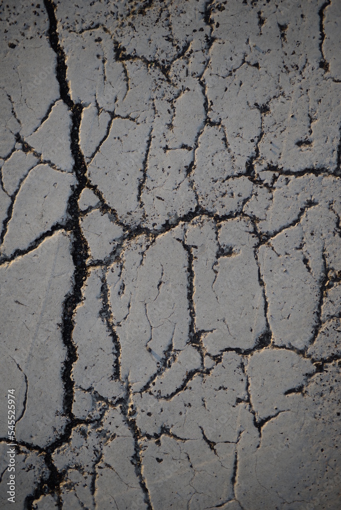 Fototapeta premium texture of white paint for road marking on asphalt, texture of painted asphalt cracked texture white background, white background on gray asphalt, pedestrian crossing, new road marking close up