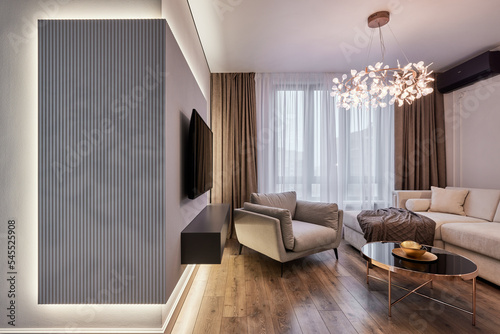 Modern interior of studio apartment in gray and  white colors and tones. White furniture and door. Expensive and luxury design