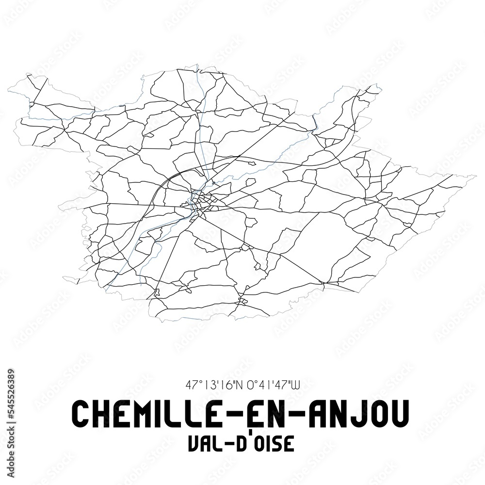Obraz premium CHEMILLE-EN-ANJOU Val-d'Oise. Minimalistic street map with black and white lines.