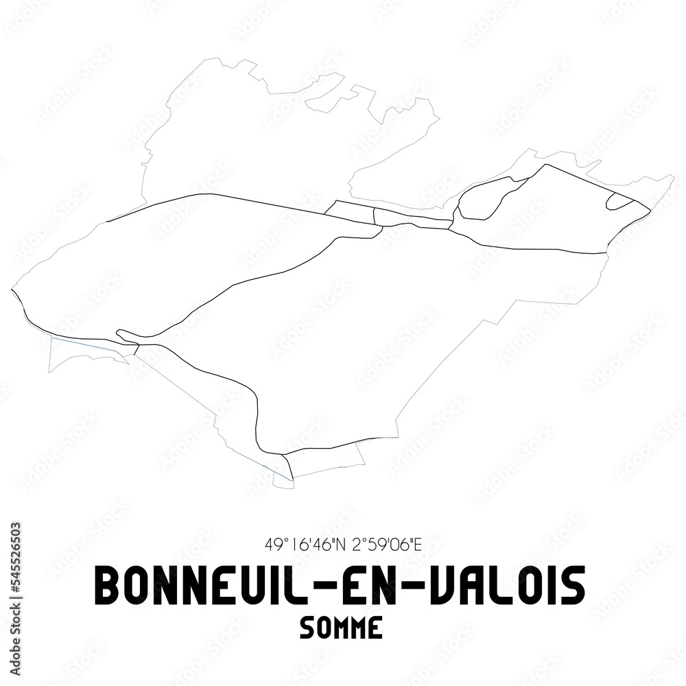 BONNEUIL-EN-VALOIS Somme. Minimalistic street map with black and white lines. BONNEUIL-EN-VALOIS Somme. Minimalistic street map with black and white lines.