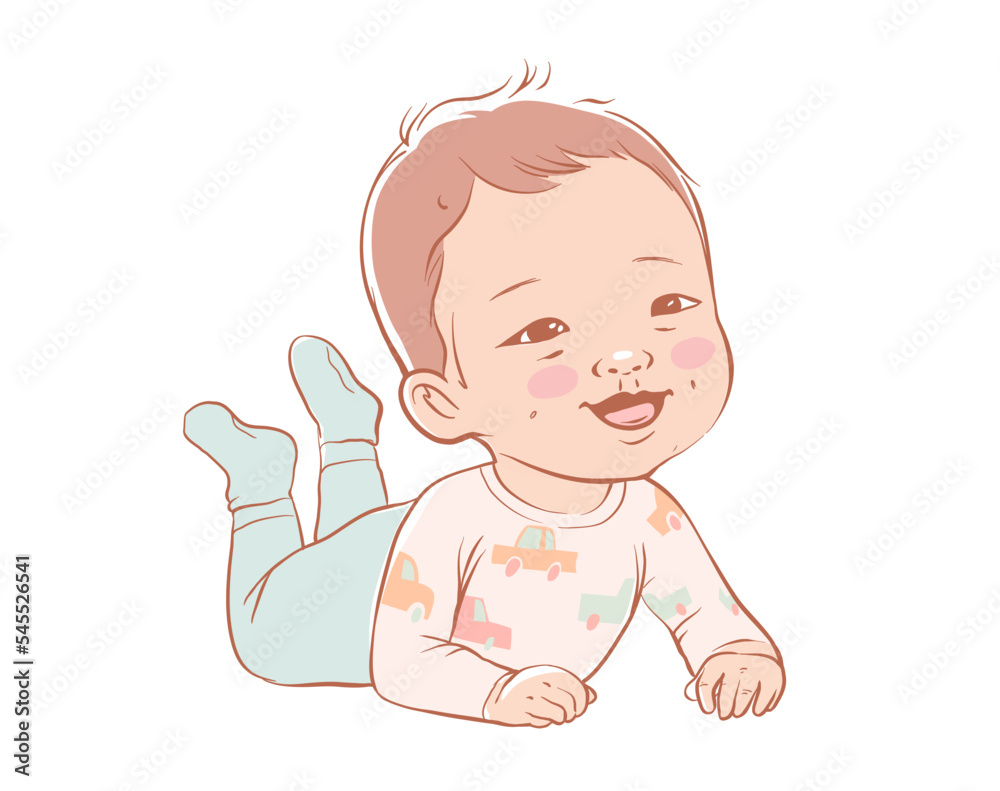 Cute baby boy lying down and laughing. Active baby of 3-12 months dressed in baby clothes. First years baby development. Caucasian ethnicity child. Vector illustration in pastel colors. Cute baby boy lying down and laughing. Active baby of 3-12 months dressed in baby clothes. First years baby development. Caucasian ethnicity child. Vector illustration in pastel colors.