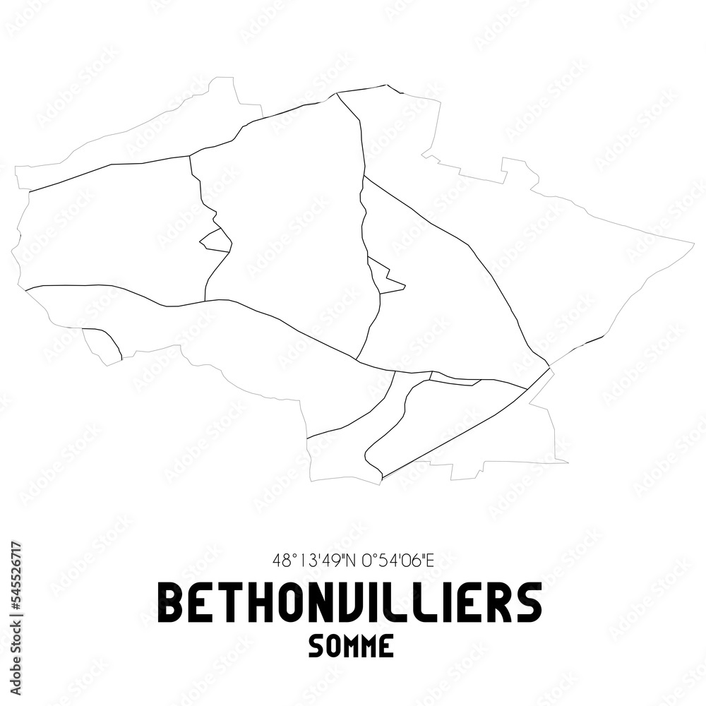 BETHONVILLIERS Somme. Minimalistic street map with black and white lines.