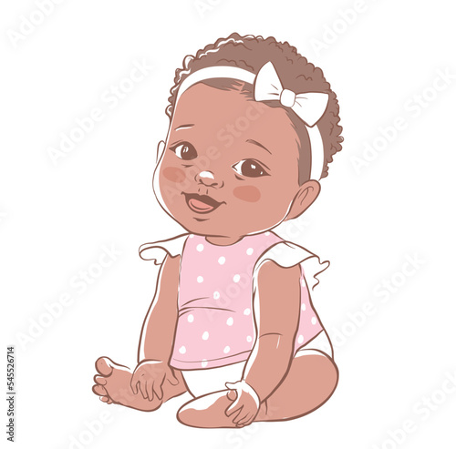 Cute baby girl sitting and smiling. Active dark skin baby of 3-12 months dressed in baby clothes. First years baby development. African ethnicity child. Vector illustration in pastel colors.