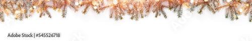 Fotografie, Obraz Merry Christmas garland made of snow fir branches on white background with bokeh, sparkles