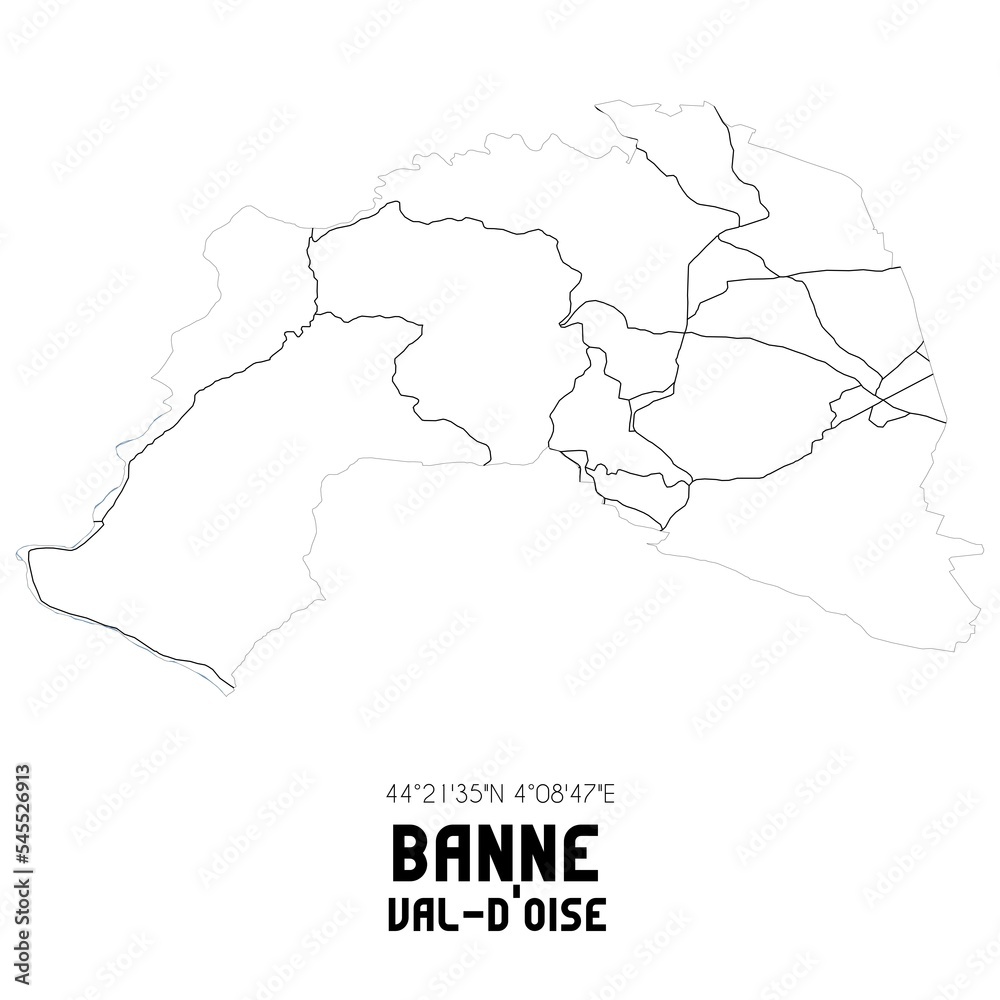 BANNE Val-d'Oise. Minimalistic street map with black and white lines.