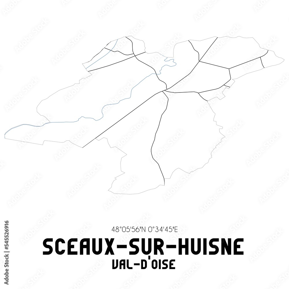 SCEAUX-SUR-HUISNE Val-d'Oise. Minimalistic street map with black and white lines.