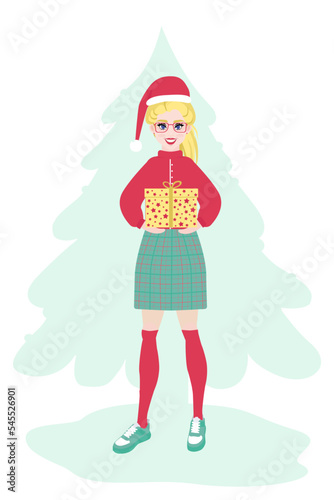 Young woman in a red sweater and a plaid skirt in a santa claus hat with a New Year's gift on background of the Christmas tree. Funny cartoon character is preparing for Christmas.The girl gives a gift