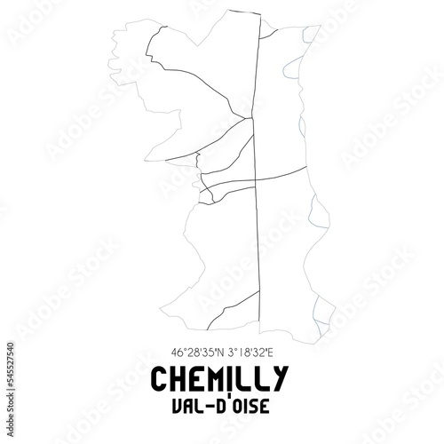 CHEMILLY Val-d Oise. Minimalistic street map with black and white lines.