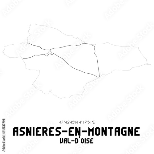 ASNIERES-EN-MONTAGNE Val-d Oise. Minimalistic street map with black and white lines.