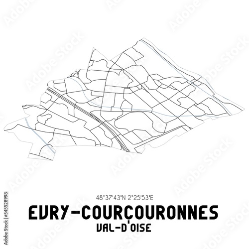 EVRY-COURCOURONNES Val-d'Oise. Minimalistic street map with black and white lines.
