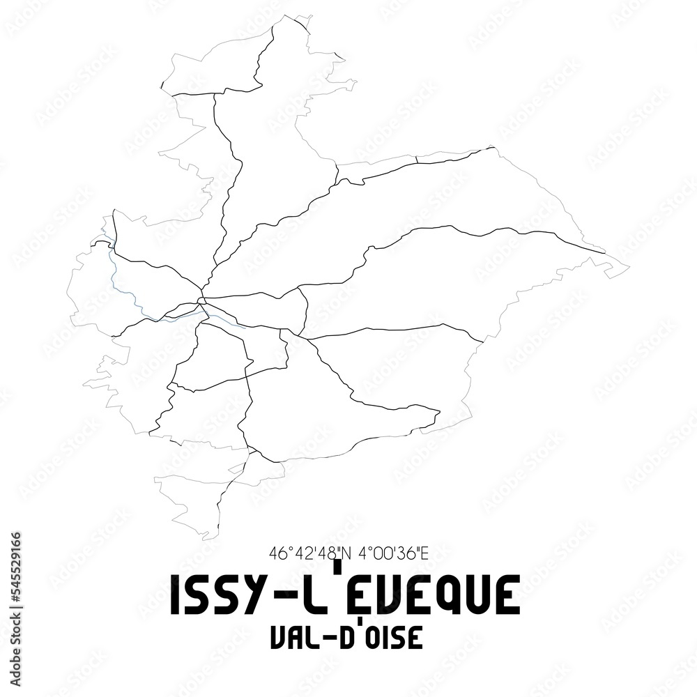 ISSY-L'EVEQUE Val-d'Oise. Minimalistic street map with black and white lines.