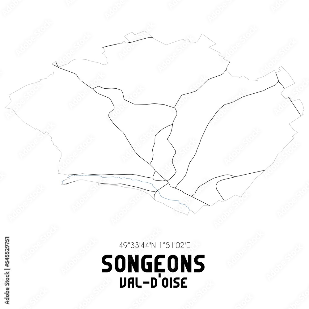 SONGEONS Val-d'Oise. Minimalistic street map with black and white lines.