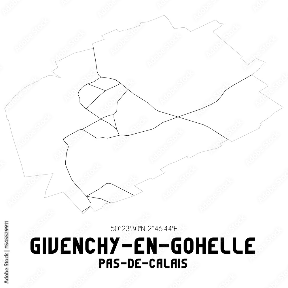 GIVENCHY-EN-GOHELLE Pas-de-Calais. Minimalistic street map with black and white lines. GIVENCHY-EN-GOHELLE Pas-de-Calais. Minimalistic street map with black and white lines.