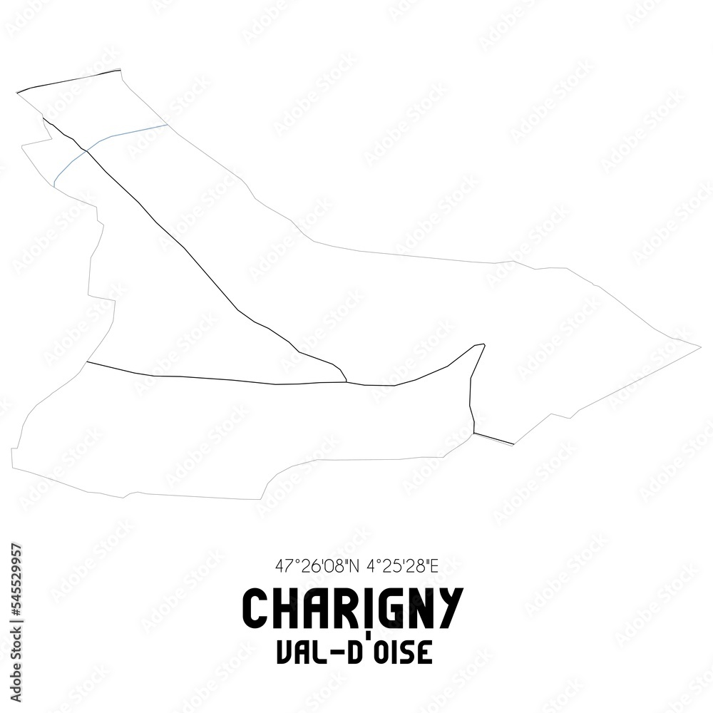 CHARIGNY Val-d'Oise. Minimalistic street map with black and white lines. CHARIGNY Val-d'Oise. Minimalistic street map with black and white lines.