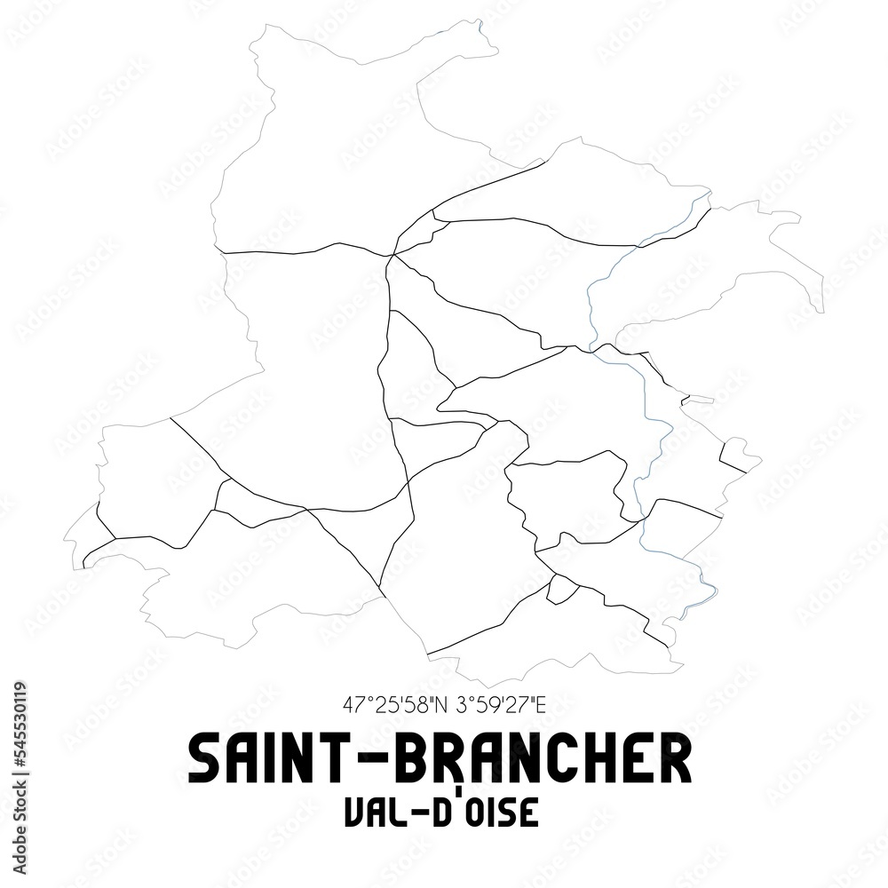 SAINT-BRANCHER Val-d'Oise. Minimalistic street map with black and white lines.