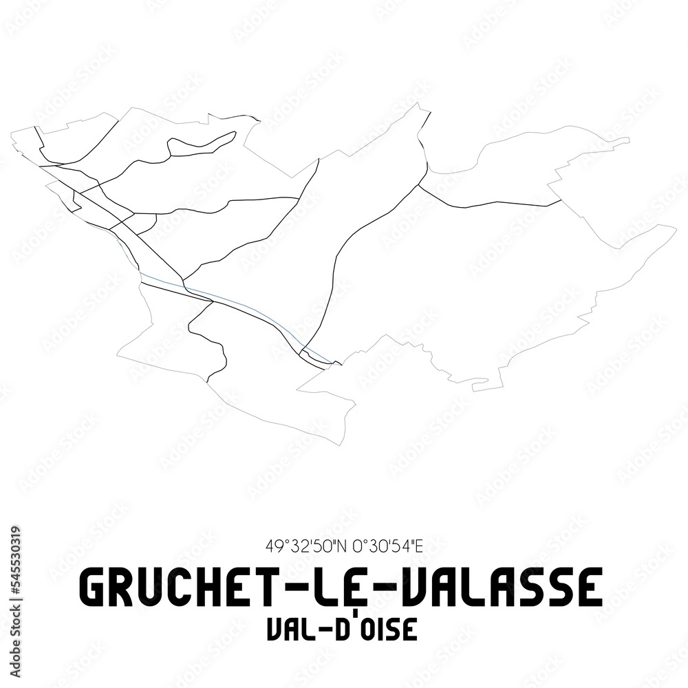 GRUCHET-LE-VALASSE Val-d'Oise. Minimalistic street map with black and white lines.