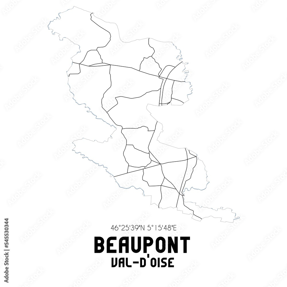 BEAUPONT Val-d'Oise. Minimalistic street map with black and white lines. BEAUPONT Val-d'Oise. Minimalistic street map with black and white lines.