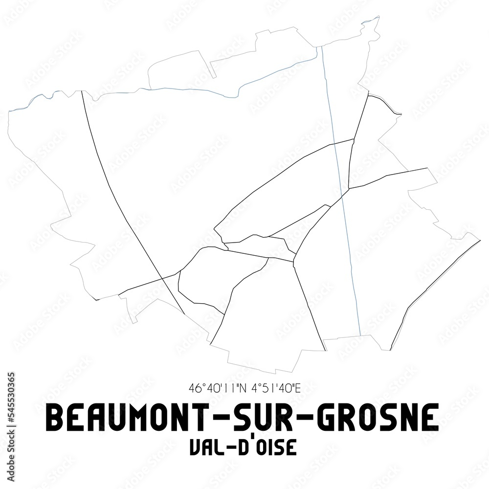 BEAUMONT-SUR-GROSNE Val-d'Oise. Minimalistic street map with black and white lines. BEAUMONT-SUR-GROSNE Val-d'Oise. Minimalistic street map with black and white lines.