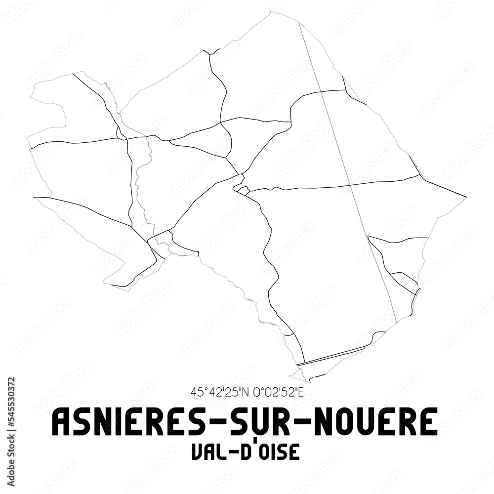ASNIERES-SUR-NOUERE Val-d'Oise. Minimalistic street map with black and white lines.