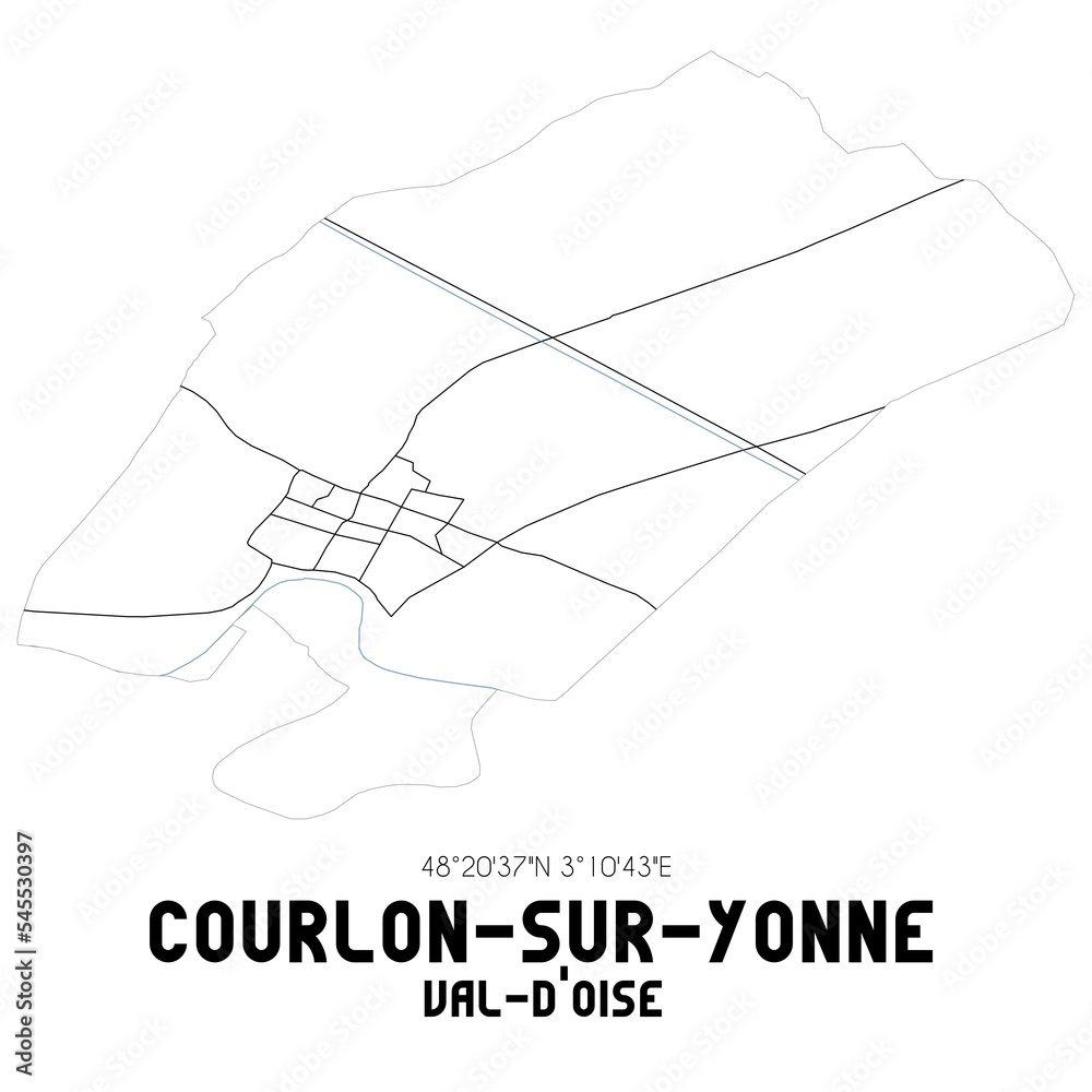 COURLON-SUR-YONNE Val-d'Oise. Minimalistic street map with black and white lines.