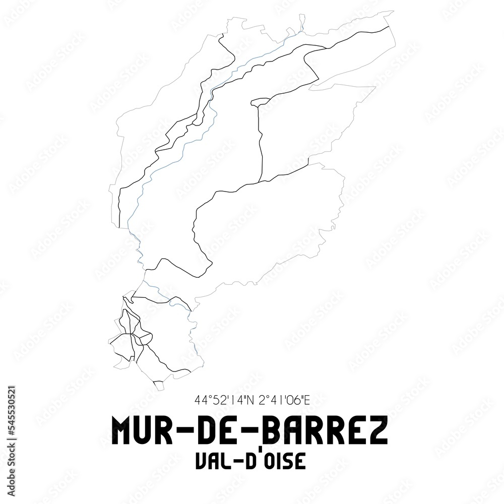 MUR-DE-BARREZ Val-d'Oise. Minimalistic street map with black and white lines.