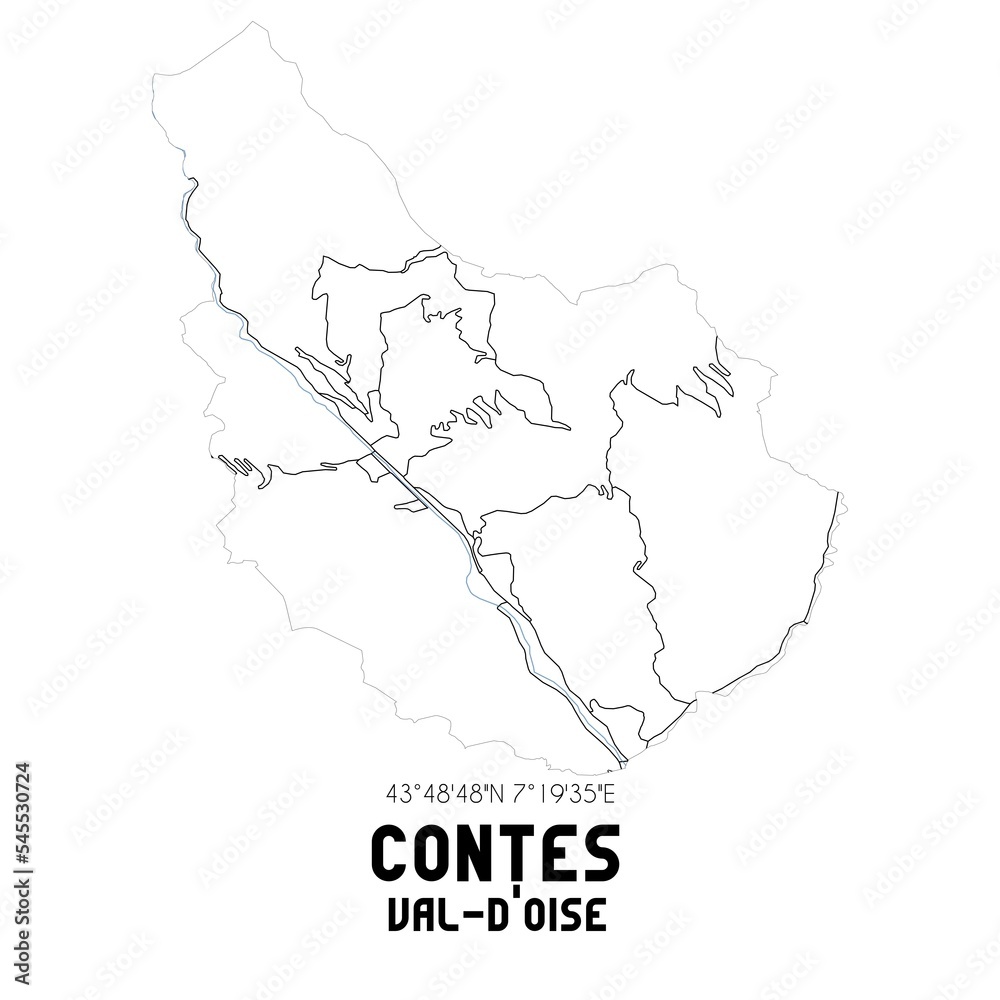 CONTES Val-d'Oise. Minimalistic street map with black and white lines.