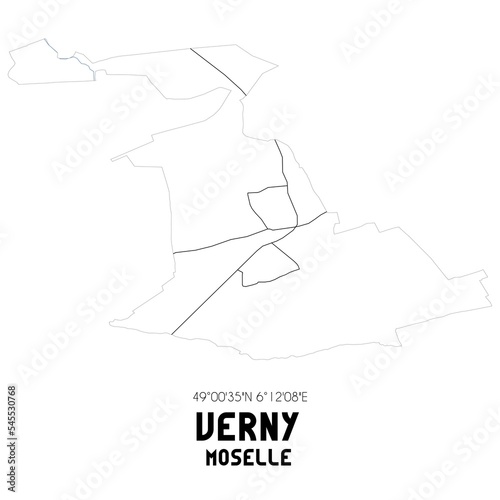 VERNY Moselle. Minimalistic street map with black and white lines.