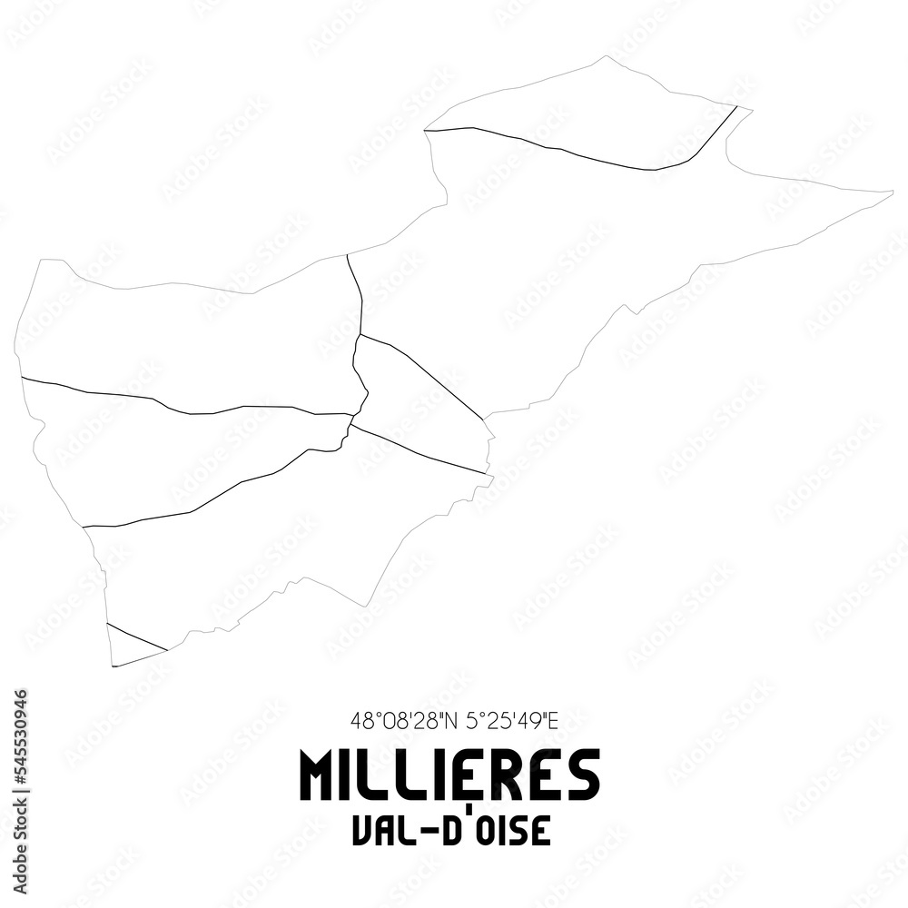 MILLIERES Val-d'Oise. Minimalistic street map with black and white lines. MILLIERES Val-d'Oise. Minimalistic street map with black and white lines.