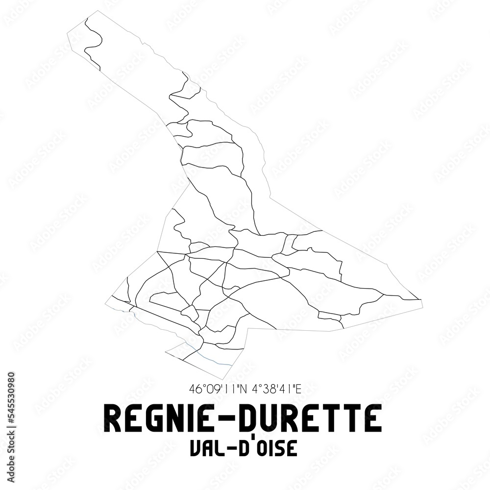 REGNIE-DURETTE Val-d'Oise. Minimalistic street map with black and white lines.