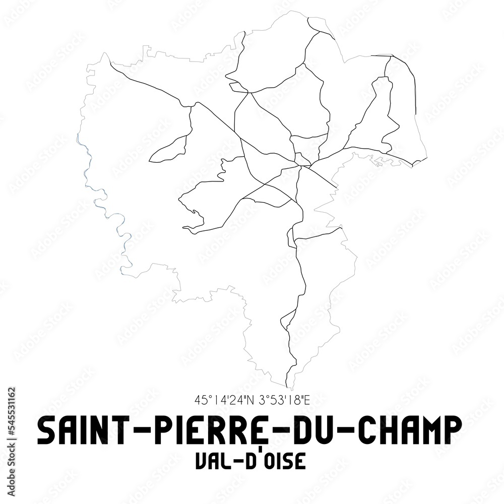 SAINT-PIERRE-DU-CHAMP Val-d'Oise. Minimalistic street map with black and white lines. SAINT-PIERRE-DU-CHAMP Val-d'Oise. Minimalistic street map with black and white lines.
