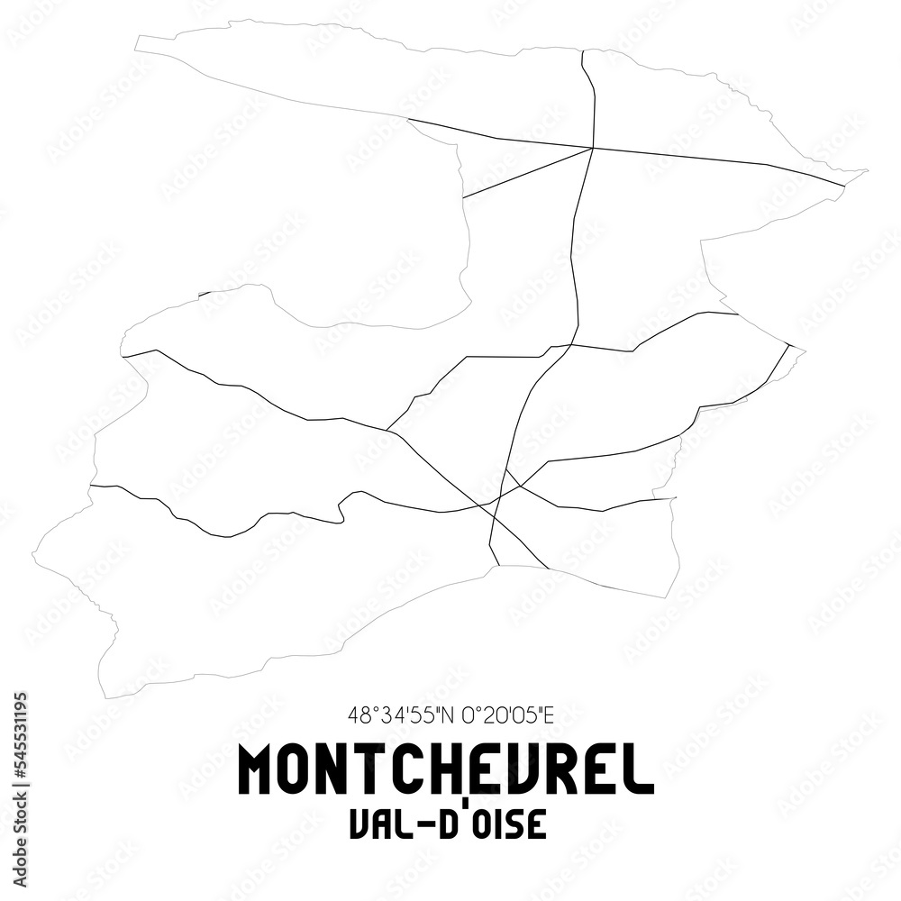 MONTCHEVREL Val-d'Oise. Minimalistic street map with black and white lines.