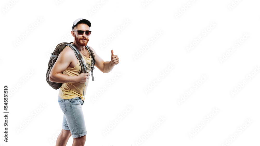 bearded traveler guy with backpack in a cap and sunglasses showing thumb up on white background bearded traveler guy with backpack in a cap and sunglasses showing thumb up on white background