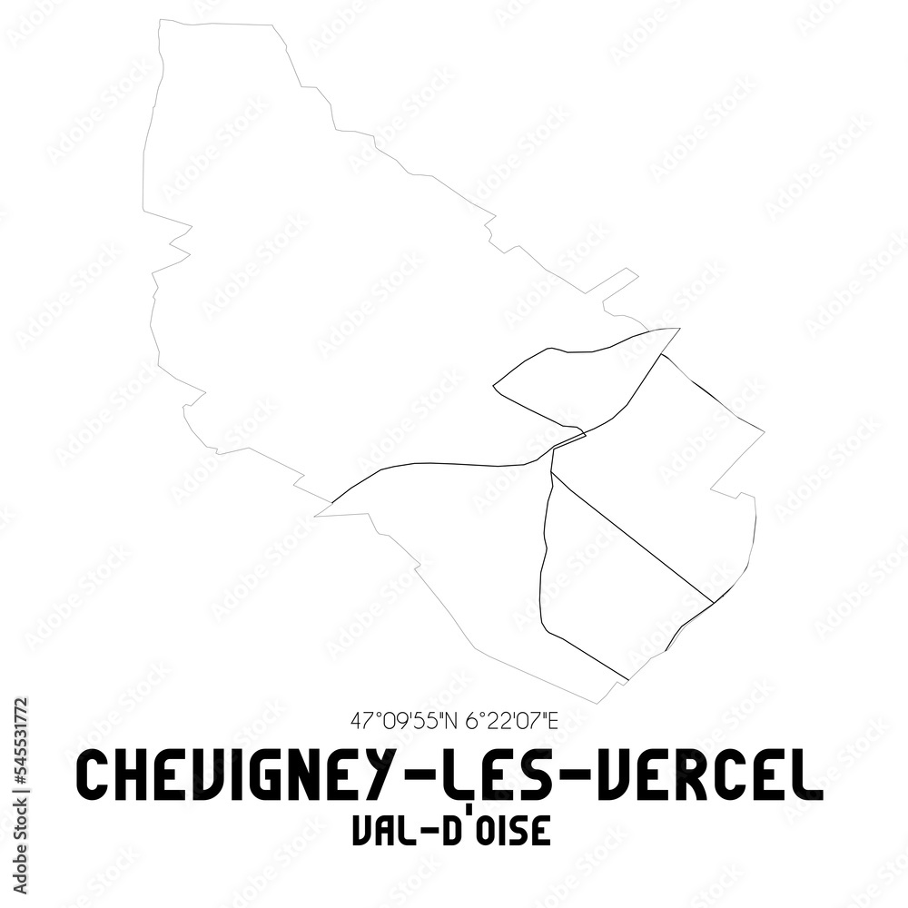 CHEVIGNEY-LES-VERCEL Val-d'Oise. Minimalistic street map with black and white lines. CHEVIGNEY-LES-VERCEL Val-d'Oise. Minimalistic street map with black and white lines.