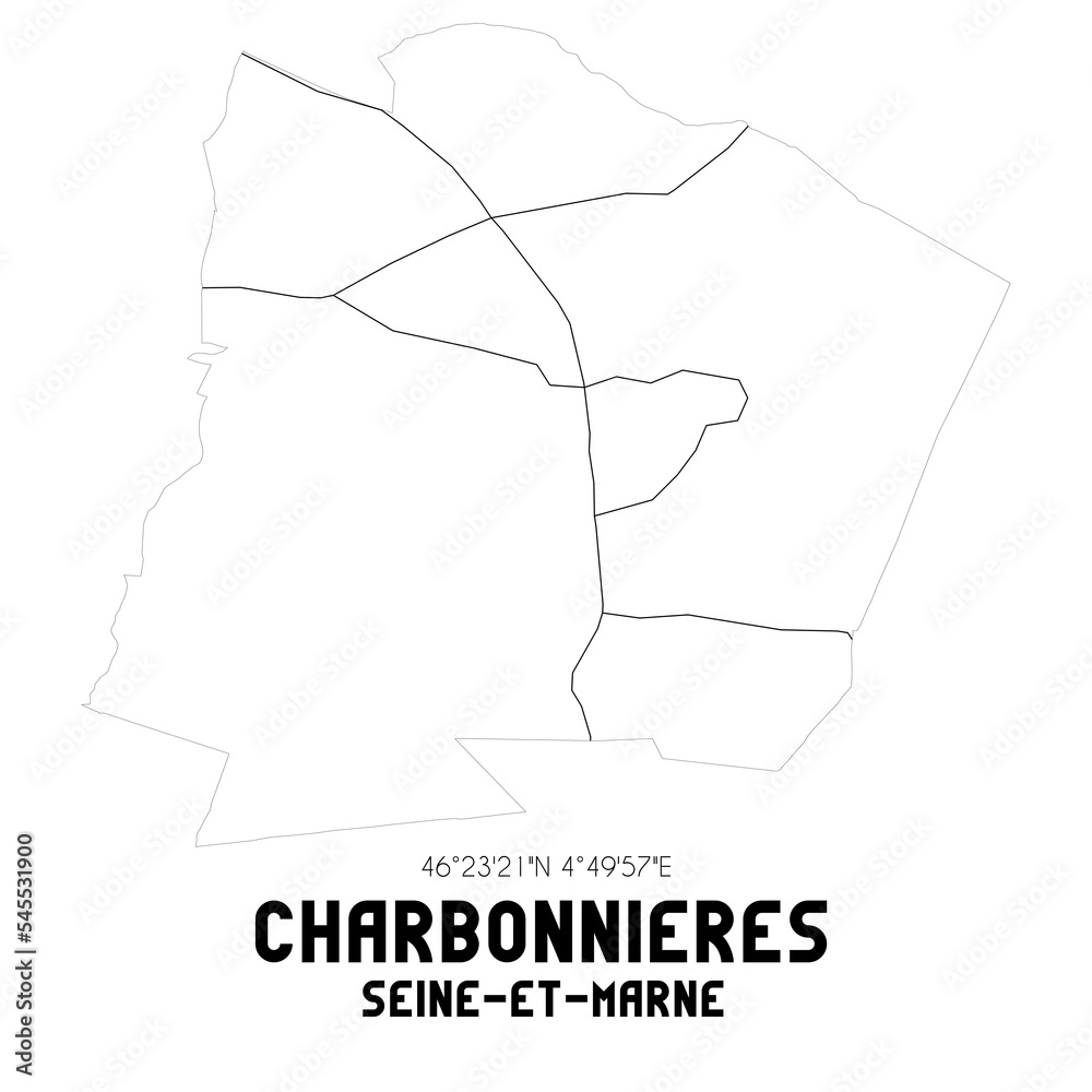 CHARBONNIERES Seine-et-Marne. Minimalistic street map with black and white lines.