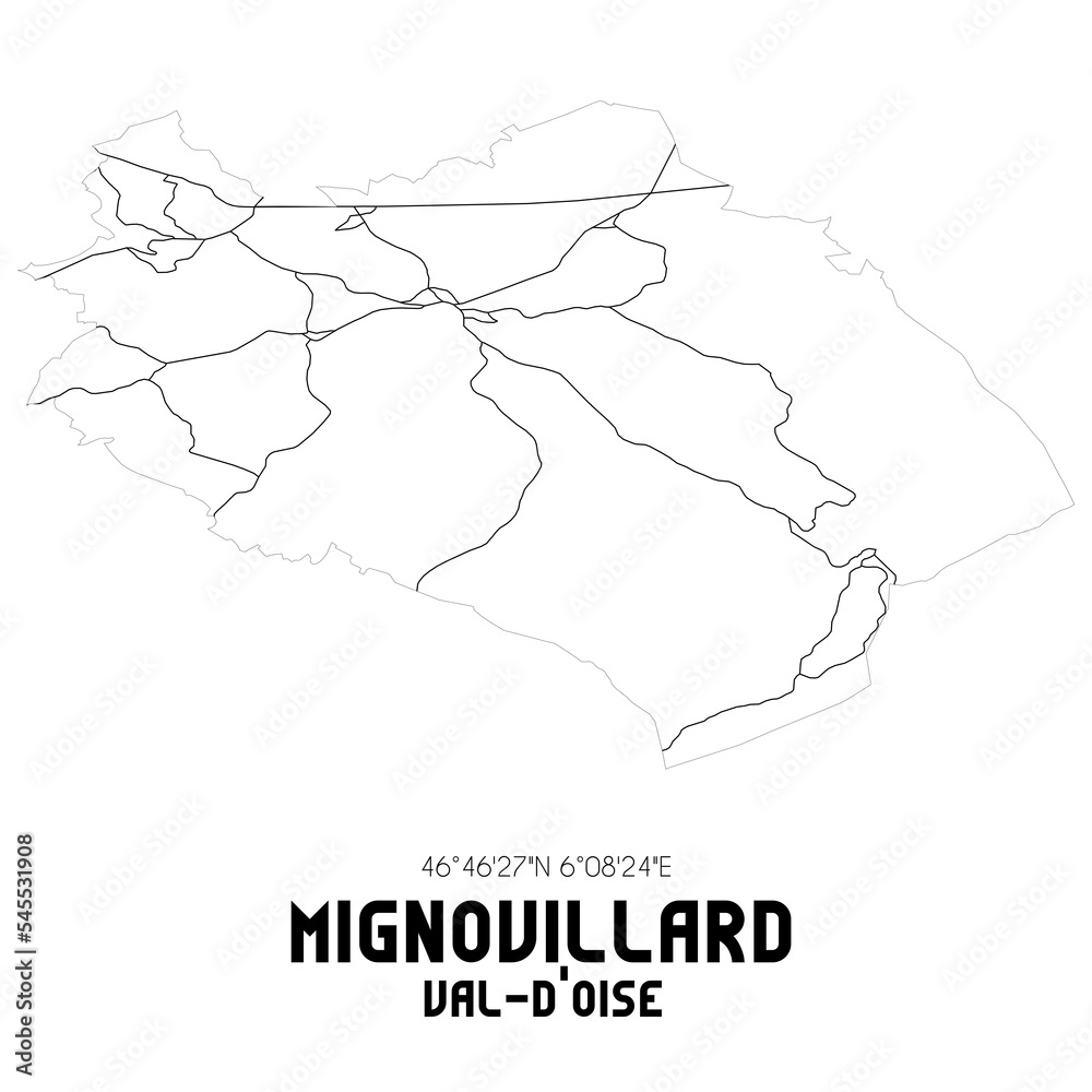 MIGNOVILLARD Val-d'Oise. Minimalistic street map with black and white lines.