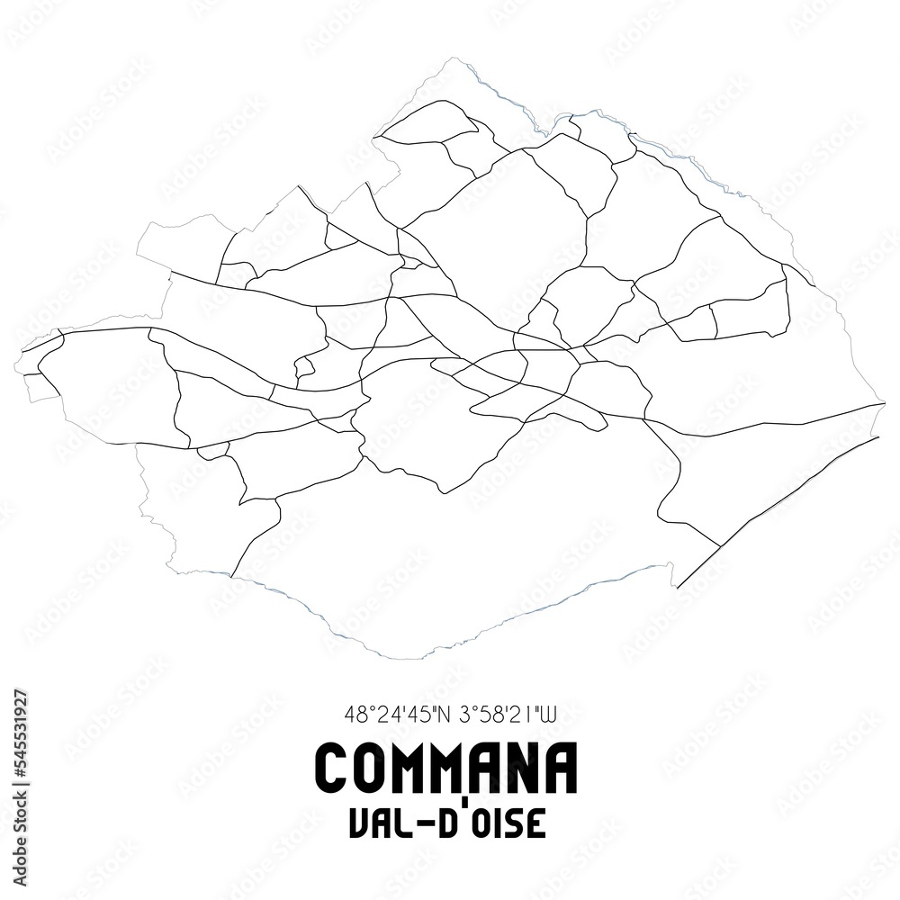 COMMANA Val-d'Oise. Minimalistic street map with black and white lines.